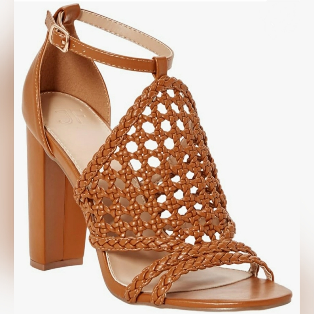 NEW Just Fab Lorelai Caged Caramel Faux Leather Sandal Heels Womens Size 7.5